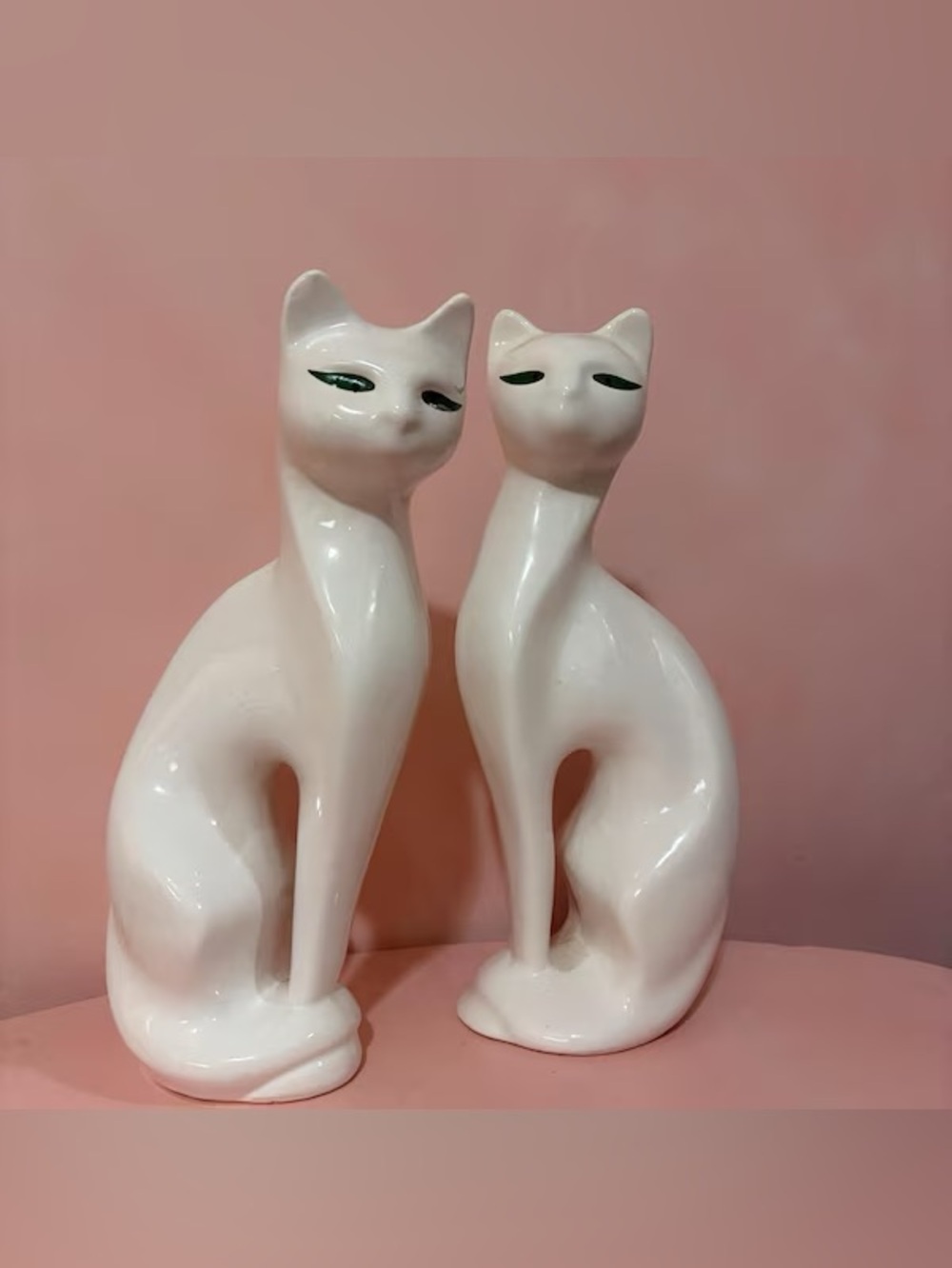 Ceramic White Cat Figurine Duo with Green Eye Accents